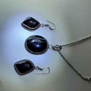 Black Botswana Agate Earrings And Necklace Set